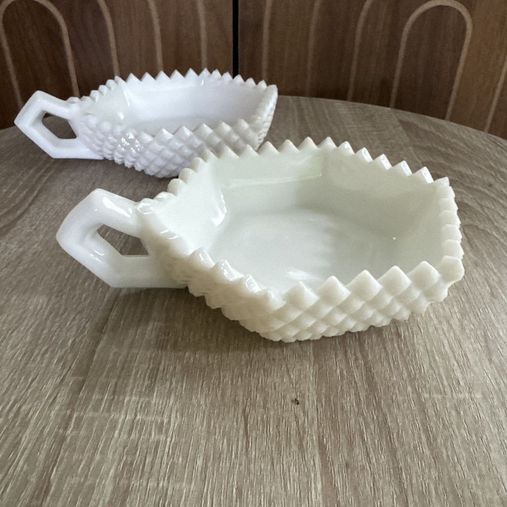 Westmoreland Glass ~ HANDLED BON BON DISH ~ "English Hobnail" ~ WHITE MILK GLASS